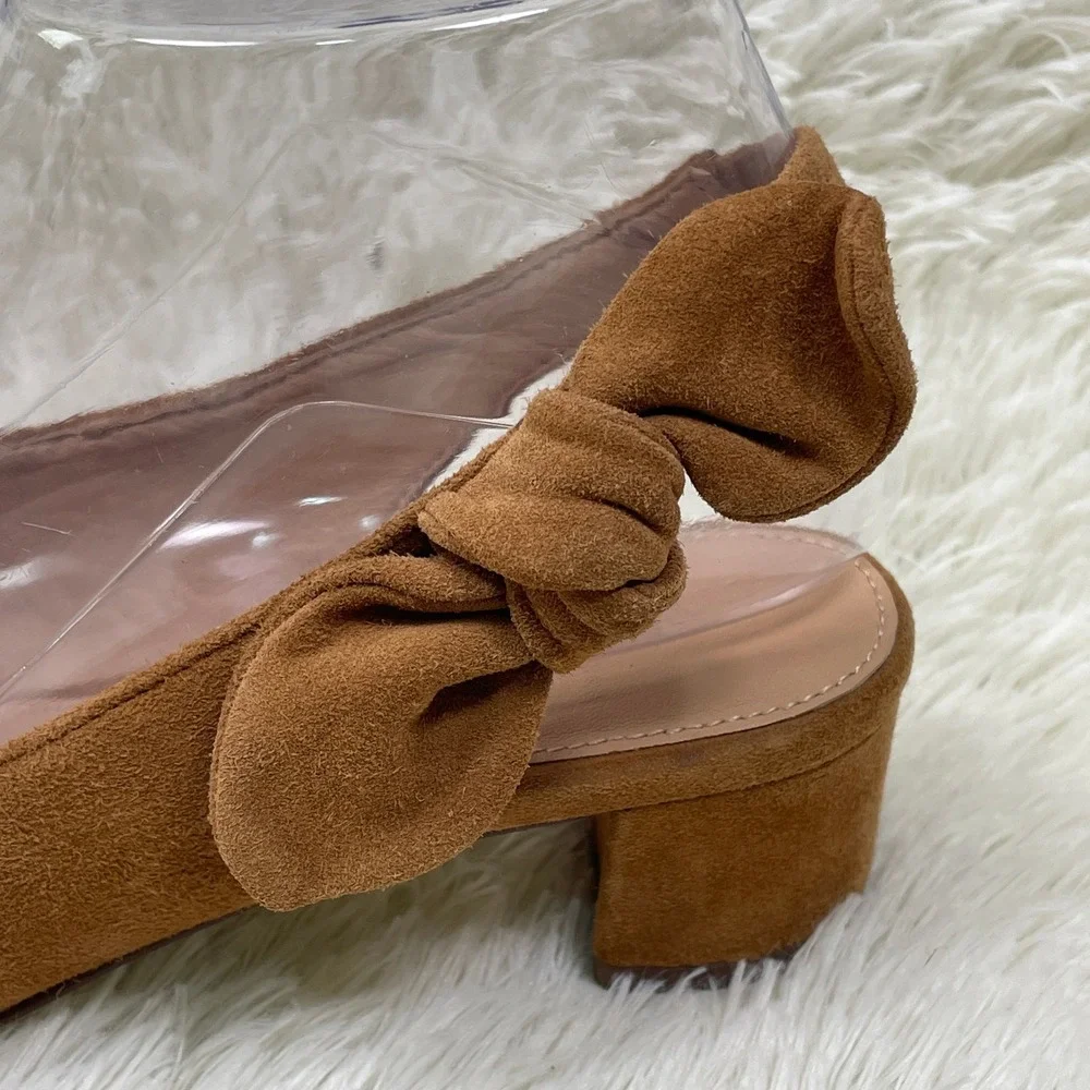 J.Crew Slingback Pumps Women 6 Brown Excellent Bow Suede Block Heel Pointed Toe